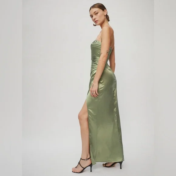 Reformation Barrow Artichoke Green Silk Strapless Cocktail Gown Size 2 NWT